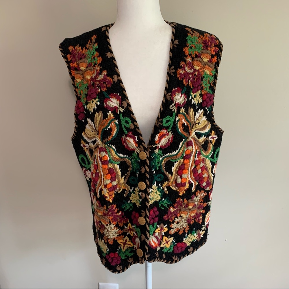 Belle Point Textured Fall Themed Pom Pom Decoration Vest Wooden Buttons - Picture 6 of 14